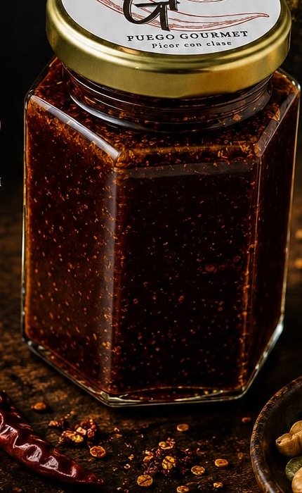 Frasco hexagonal de salsa macha con chiles secos